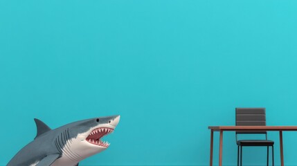 Business concept in minimal of Shark leading business meeting, fierce competitor vibe, corporate rivalry concept, Copy space for stock photo, no text, no logo, flat design illustration