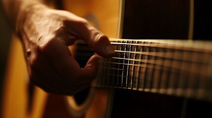 Musician’s Hand Playing a Guitar: A musician's hand strumming a guitar, with focus on the strings and hand movements.
