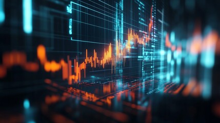Poster - A digital financial graph on a computer screen, with rising bars and lines indicating market growth. The screen glows against a dark background, symbolizing economic progress.