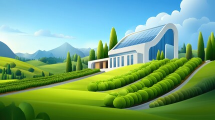 Canvas Print - A cartoon house on a hillside surrounded by green trees, AI