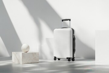 a minimalist scene featuring a white suitcase and a sphere on a pedestal.