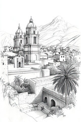 Arequipa, Peru, black and white pen pencil hand-drawn effect portrait drawing illustration for travel poster, card, wallpaper, backdrop or banner. Modern, clear, artistic and simple