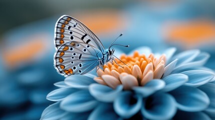 Poster - A butterfly sitting on top of a blue flower with orange spots, AI