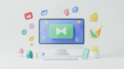Workspace with Colorful Digital Elements and Computer Screen