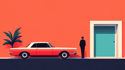 Business concept in minimal of Vintage cars parked outside corporate office, business professionals arriving to work, retro theme, Copy space for stock photo, no text, no logo, flat design