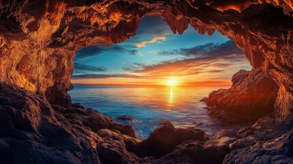 A serene sunset viewed from the inside of a cave, the light softly illuminating the rocky edges as the sun dips below the horizon.