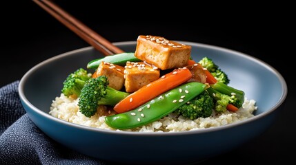 Wall Mural - portion of tofu stir-fry with broccoli, carrots, and snap peas, served over a bed of cauliflower rice and topped with sesame seeds