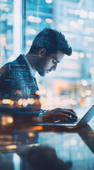 Aufkleber - Businessman in modern city office, using laptop to convey technology and connectivity. Working in suit with digital elements and bokeh lights