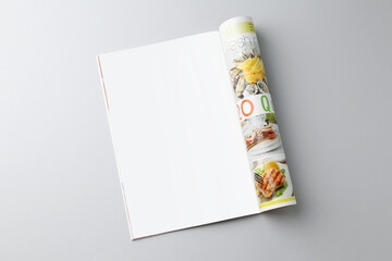 Canvas Print - Open magazine on grey background, top view. Mockup for design