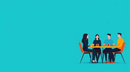 Wall Mural - Business concept in minimal of Business professionals enjoying donuts while brainstorming, casual and fun office environment, Copy space for stock photo, no text, no logo, flat design illustration