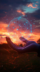 Aufkleber - Businessman holding a glowing network sphere representing global business and technology at sunset