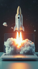 Poster - The launch of a rocket from a laptop screen, surrounded by smoke, symbolizes the impact of technology and innovation