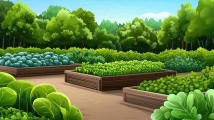 Wall Mural - A cartoon garden with lots of vegetables in wooden boxes, AI