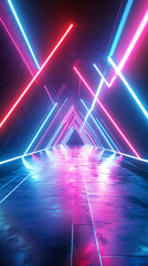Aufkleber - Futuristic view of a dim hallway with vibrant blue and pink neon lights forming a colorful geometric design