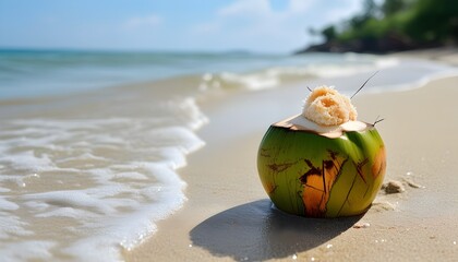 Coconut ball resting on sandy beach beside gentle ocean waves