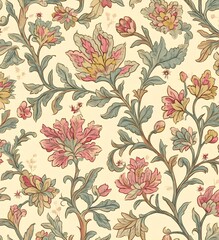 Wall Mural - Vintage Floral Pattern with Pink and Yellow Flowers