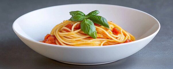 italian pasta dish, with spaghetti, rich tomato sauce, and fresh basil, served in a deep white bowl