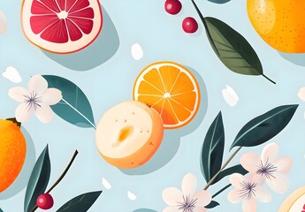 Wall Mural - Citrus Fruit and Flower Pattern