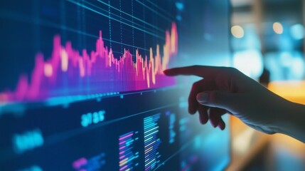 Poster - A financial analyst pointing at a colorful line graph on a large monitor, showing stock market trends and business growth indicators. The office setting is modern and professional.