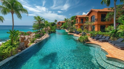 Scenic resort with a pool, palm trees, and ocean view.