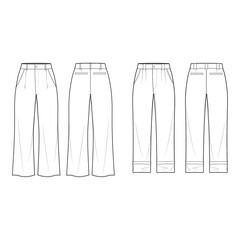 Wall Mural - Technical flat sketch set of wide-leg jeans. Relaxed fit pants featuring pintuck details. Tracksuit pants with welt pocket.