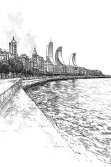 Baku, Azerbaijan, black and white pen pencil hand-drawn effect portrait drawing illustration for travel poster, card, wallpaper, backdrop or banner. Modern, clear, artistic and simple