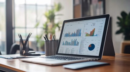 Wall Mural - A financial analysts desk with printed charts and graphs showing financial data, alongside a laptop displaying a digital graph. The image conveys a sense of business analysis and decision-making.