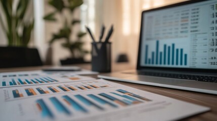 Wall Mural - A financial analysts desk with printed charts and graphs showing financial data, alongside a laptop displaying a digital graph. The image conveys a sense of business analysis and decision-making.