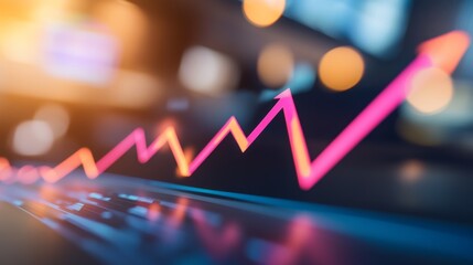 Poster - A financial chart with rising lines, highlighted with arrows, representing a growing market trend. The background shows blurred office equipment, creating a business-focused atmosphere.