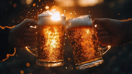 Close-up of two hands clinking beer mugs, with golden liquid splashing slightly under warm lighting.