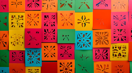 fondo colorido de cuadros de papel picado con diseños y texturas colores vibrantes festejando a mexico por el dia de muertos cultura y tradicion