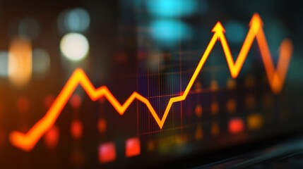 Poster - A financial chart with rising lines, highlighted with arrows, representing a growing market trend. The background shows blurred office equipment, creating a business-focused atmosphere.
