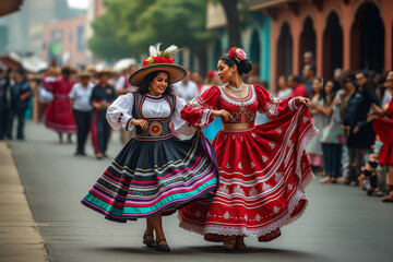 Two Mexican women in bright traditional dresses walk on the street. Celebration, festival. 