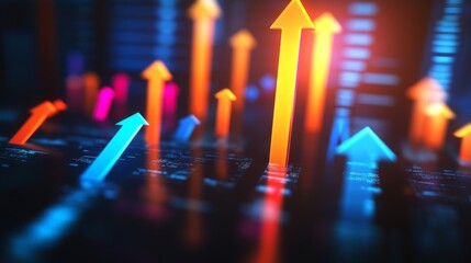 Poster - A financial chart with rising lines, highlighted with arrows, representing a growing market trend. The background shows blurred office equipment, creating a business-focused atmosphere.