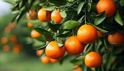 Wall Mural - Vibrant oranges ripening on the tree, ready for harvest