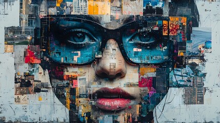 A collage of street art, graffiti patterns, and abstract textures in blue tones captures the essence of urban culture. The 3D design adds realism and depth, offering a modern aesthetic