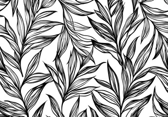 Sticker - Black and White Tropical Leaf Seamless Pattern