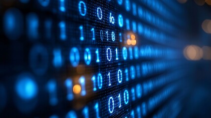 Futuristic Blue Binary Code on Computer Screen with Depth Effect, Minimalistic Background for Copy Space