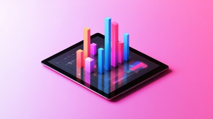 Aufkleber - A flat lay of a digital tablet showing a 3D bar graph, with bars popping out of the screen, symbolizing interactive data analysis in a modern business setting.