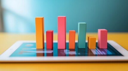 Aufkleber - A flat lay of a digital tablet showing a 3D bar graph, with bars popping out of the screen, symbolizing interactive data analysis in a modern business setting.