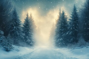 Wall Mural - enchanted winter forest with snowladen evergreen trees soft diffused light filtering through misty air serene and magical landscape fine art nature photography