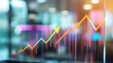 Poster - A financial chart with rising lines, highlighted with arrows, representing a growing market trend. The background shows blurred office equipment, creating a business-focused atmosphere.