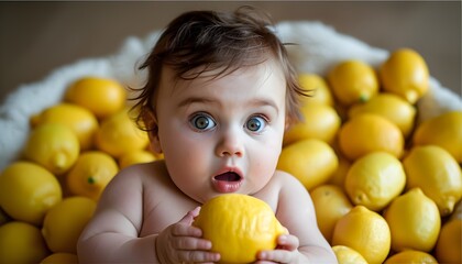 Wall Mural - Surprised baby holding a lemon, capturing an adorable moment of curiosity and wonder