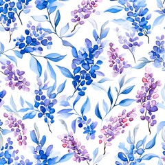 Canvas Print - Watercolor Blue and Purple Flowers and Leaves Seamless Pattern