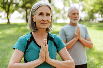 Senior couple, attractive woman and man practicing yoga outdoors in park