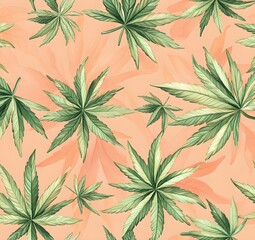 Wall Mural - Watercolor Green Cannabis Leaves on a Pink Background