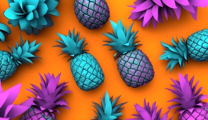 Wall Mural - Purple and Teal Pineapples on Orange Background