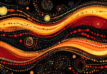 Wall Mural - Abstract Indigenous Art Pattern with Red, Orange, and Yellow Dots on Black Background