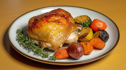 kosher plate of roasted chicken thighs, accompanied by roasted vegetables and fresh thyme garnish