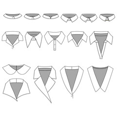 Wall Mural - Various types of collars for womens' blouse.
A collection of neckbands and collars.
Hand-drawn collar and shirt neckline vector illustrations for clothing and fashion items.